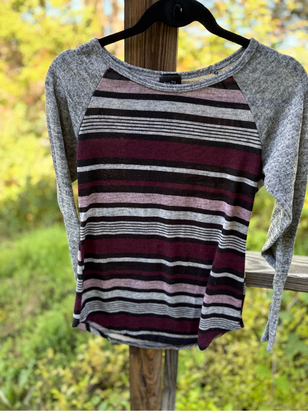 Rue21 Striped Raglan Long Sleeve Top in Burgundy, Pink and Gray